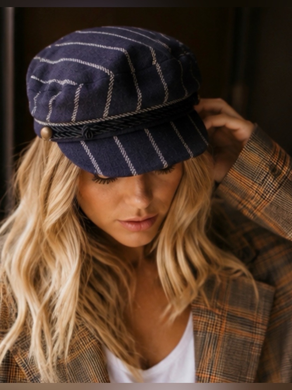 Black & White Striped Cabbie Hat | OS Fits Most | Rope Detail | NWOT